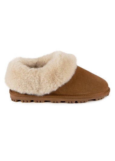 Totes Isotoner Tan Genuine Suede Bootie With Fur Cuff & Lining