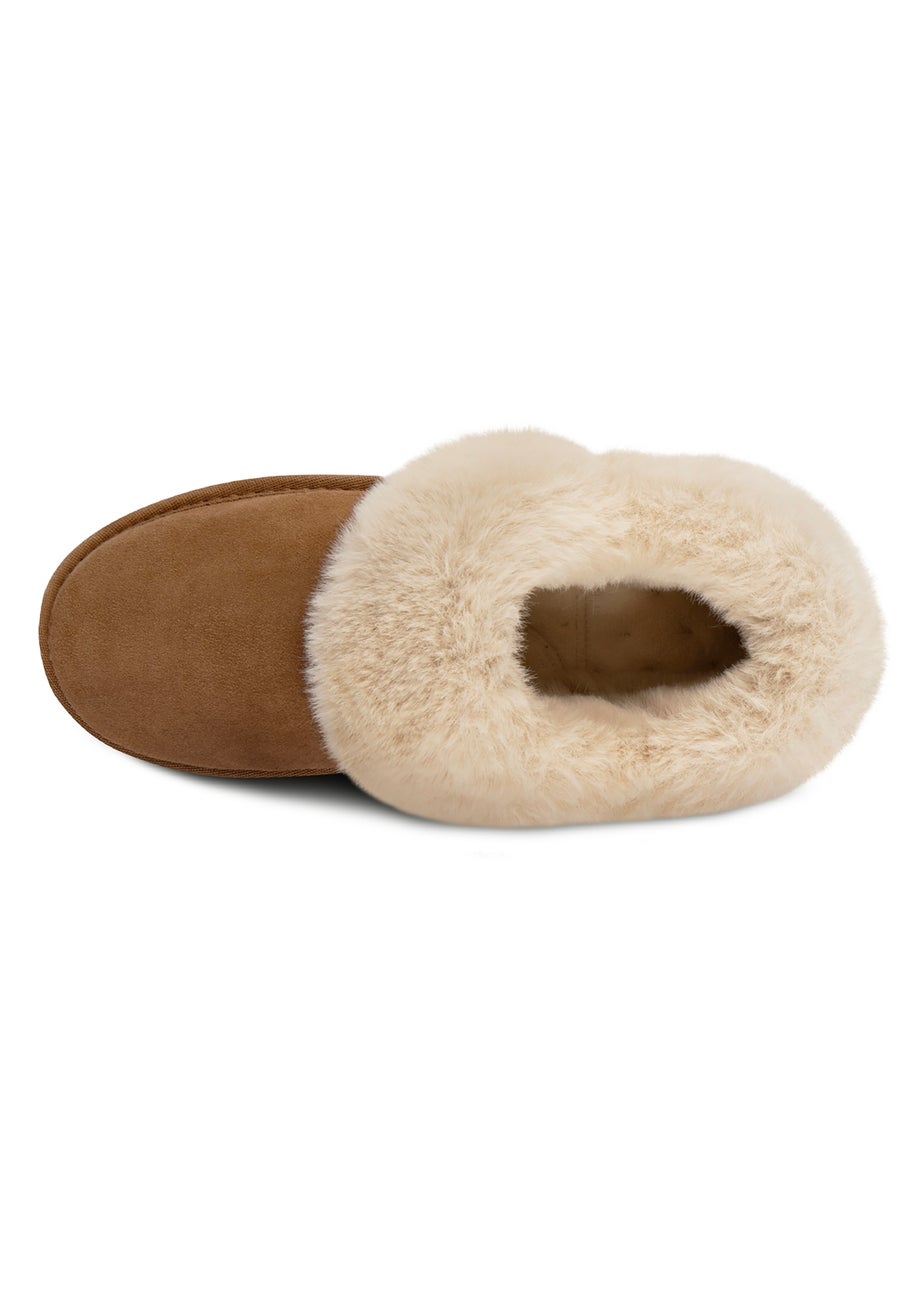 Totes Isotoner Tan Genuine Suede Bootie With Fur Cuff & Lining