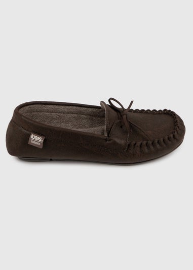 Totes Isotoner Brown Distressed Moccasin Slipper With Herringbone Sock
