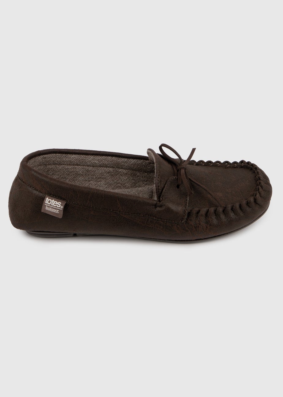 Totes Isotoner Brown Distressed Moccasin Slipper With Herringbone Sock