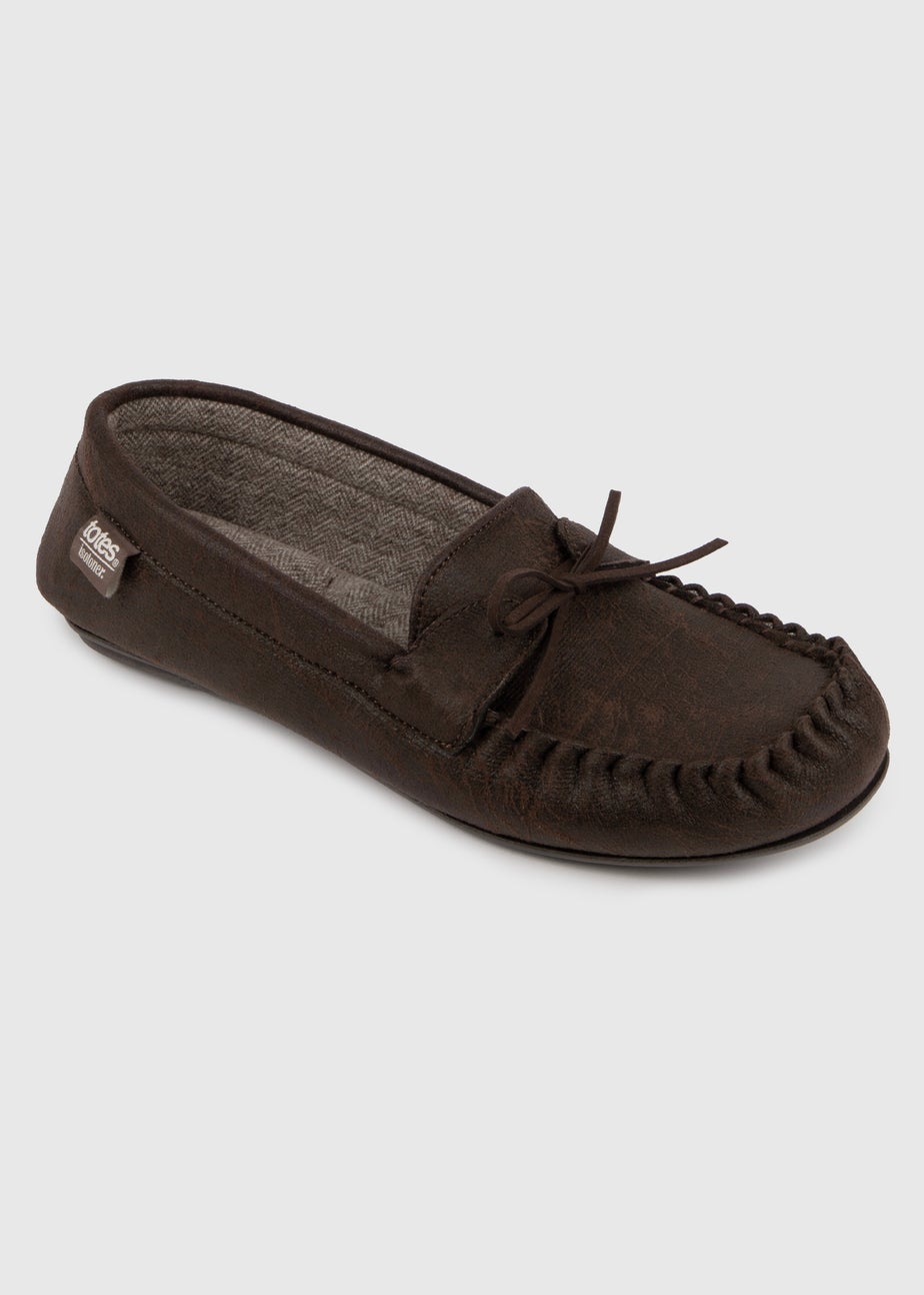 Totes Isotoner Brown Distressed Moccasin Slipper With Herringbone Sock