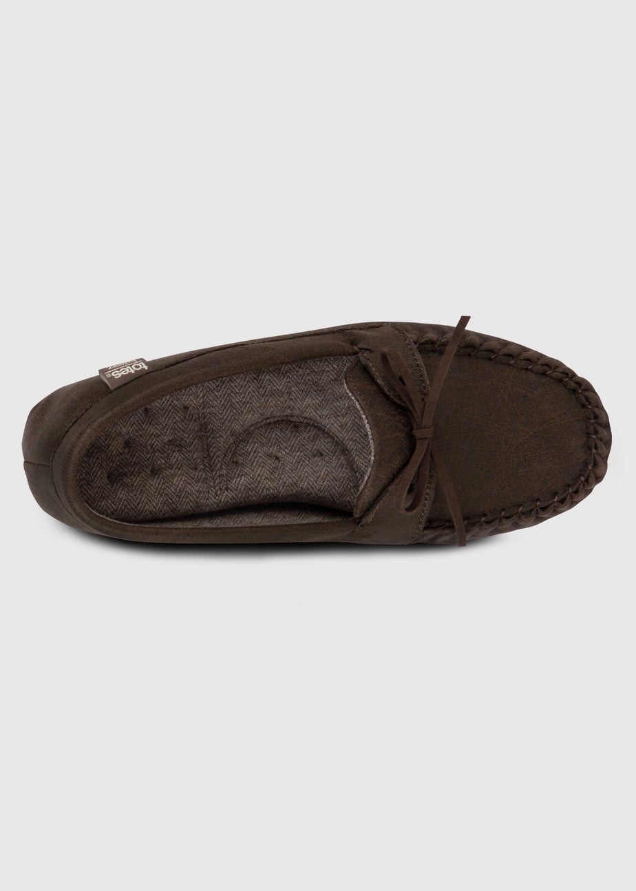 Totes Isotoner Brown Distressed Moccasin Slipper With Herringbone Sock