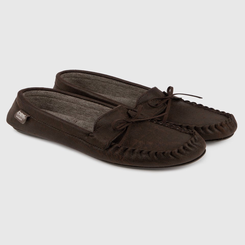 Totes Isotoner Brown Distressed Moccasin Slipper With Herringbone Sock