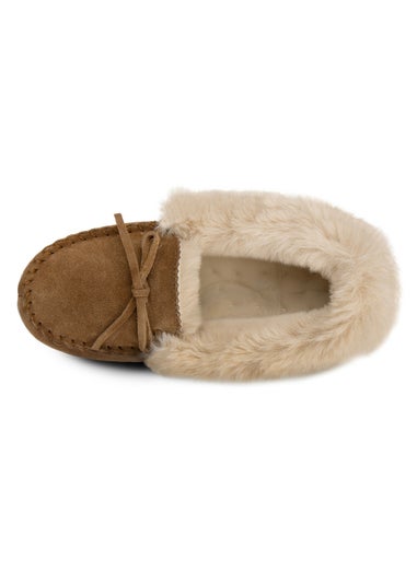 Totes Isotoner Tan Genuine Suede Moccasin with Faux Fur Lining