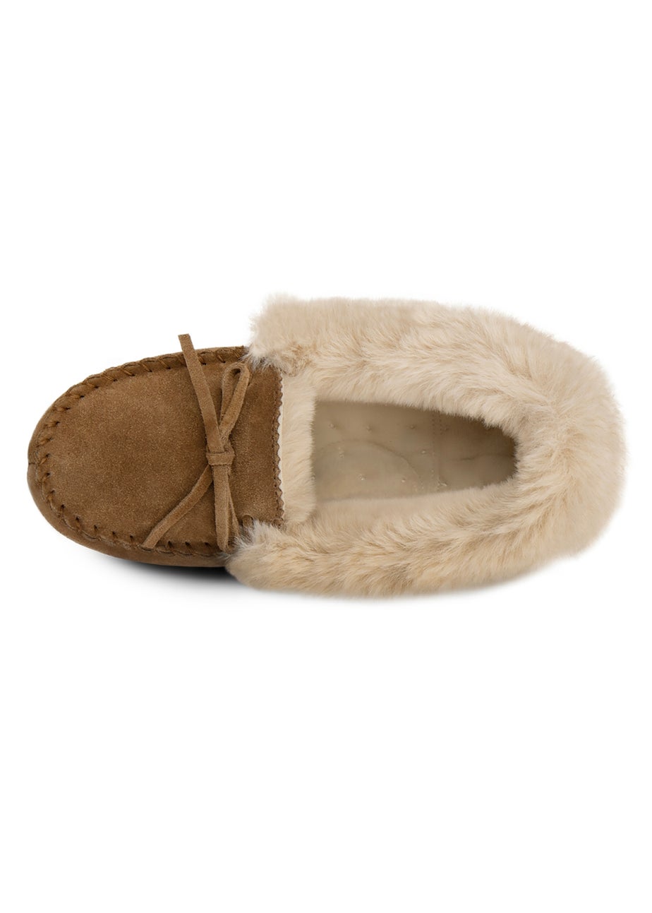 Totes Isotoner Tan Genuine Suede Moccasin with Faux Fur Lining