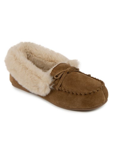 Totes Isotoner Tan Genuine Suede Moccasin with Faux Fur Lining