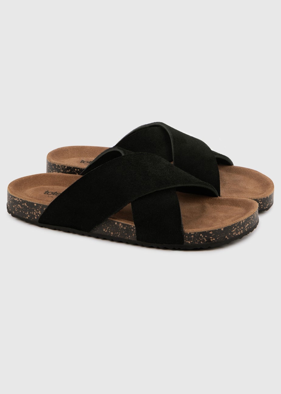 Totes Black Suede Cross Strap Sandal