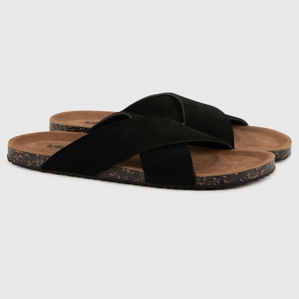 Totes Black Suede Cross Strap Sandal