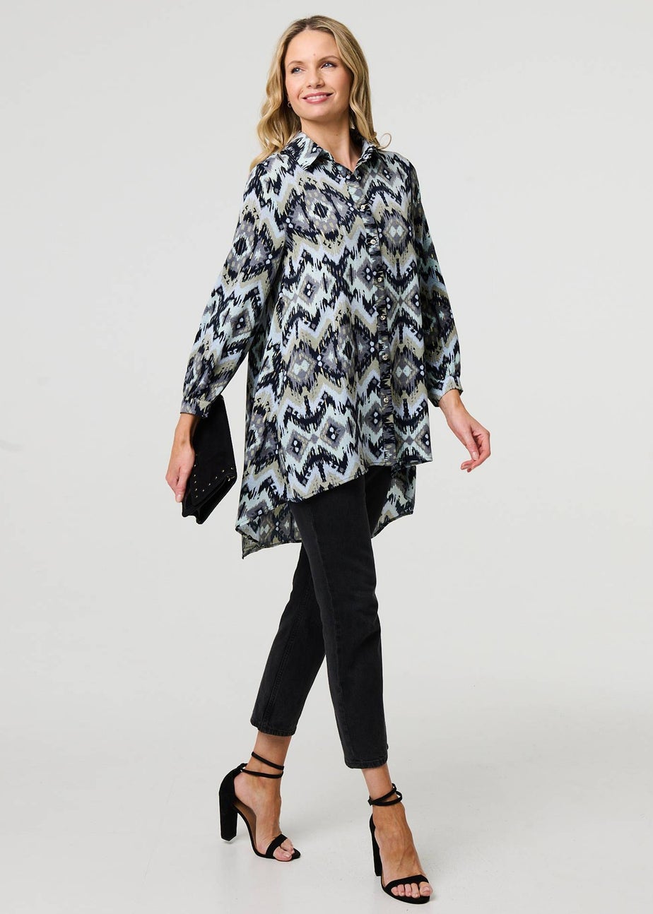 Izabel London Black Aztec Print High Low Long Sleeve Shirt