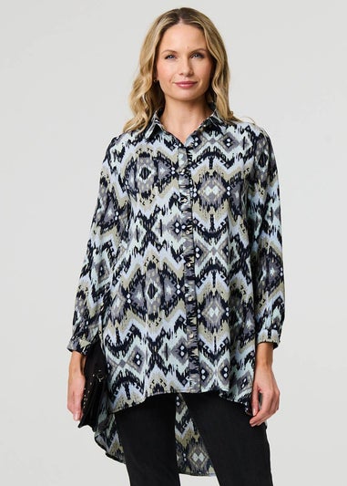 Izabel London Black Aztec Print High Low Long Sleeve Shirt