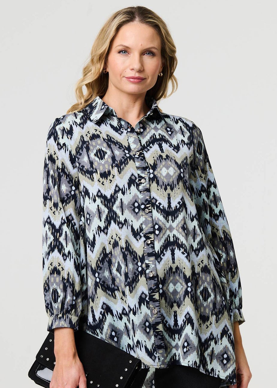Izabel London Black Aztec Print High Low Long Sleeve Shirt