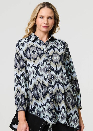 Izabel London Black Aztec Print High Low Long Sleeve Shirt