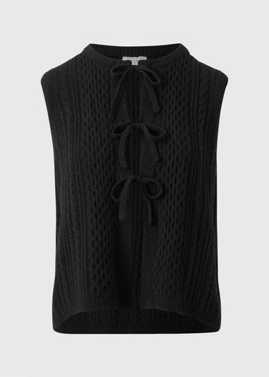 Black Cable Tie Front Sleeveless Cardigan