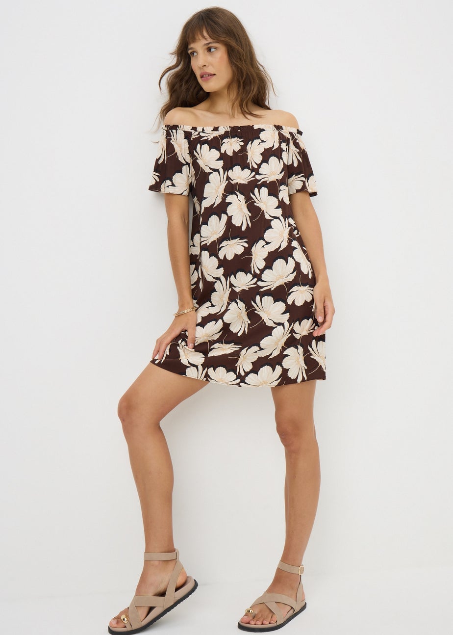 Brown Large Floral Mini Bardot Dress
