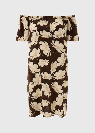 Brown Large Floral Mini Bardot Dress