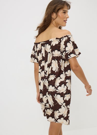Brown Large Floral Mini Bardot Dress