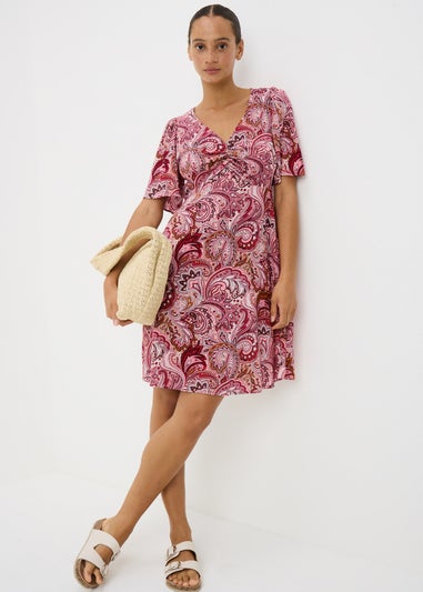 Burgundy Paisley V Neck Mini Dress