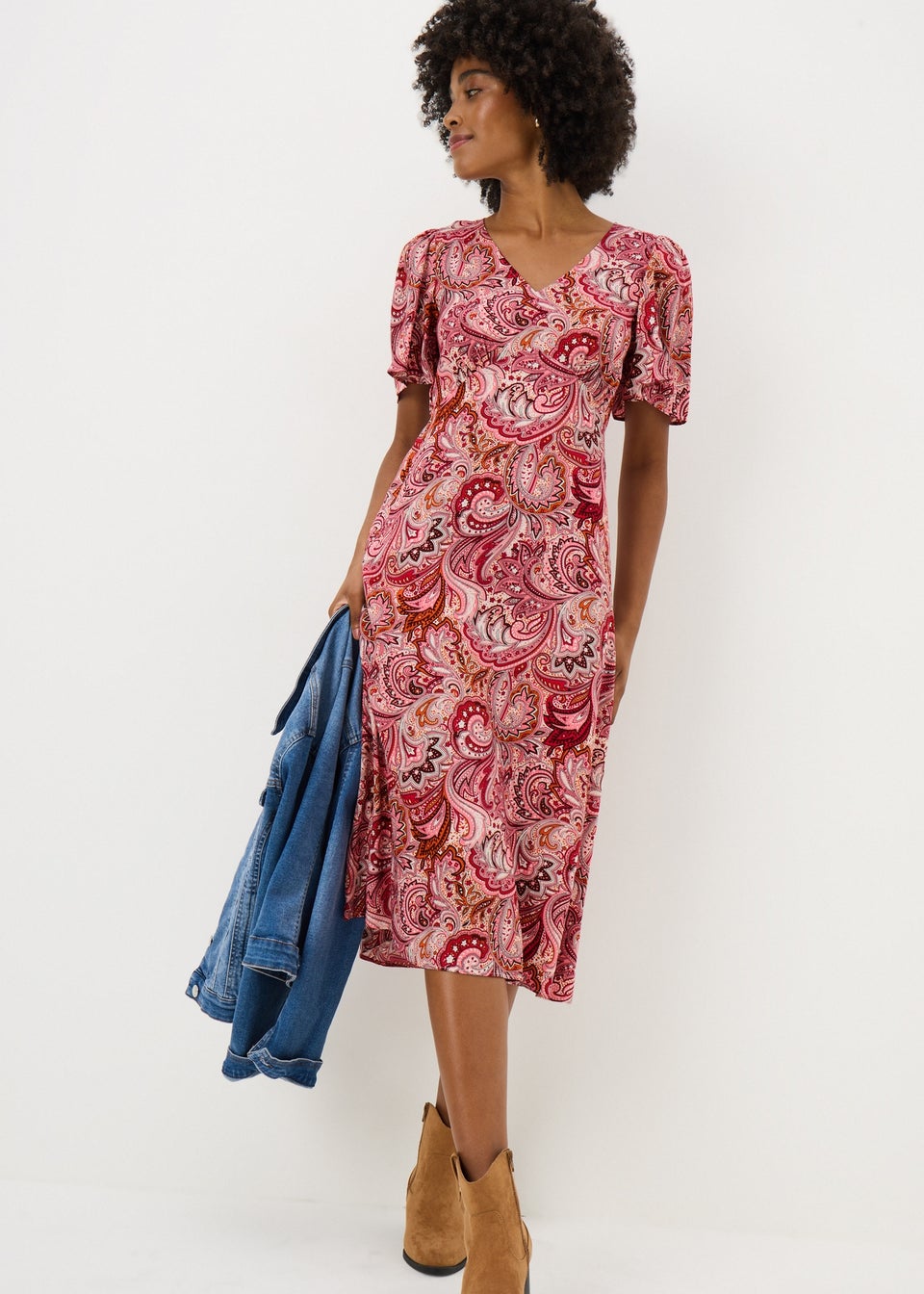 Burgundy Paisley V Neck Midi Dress