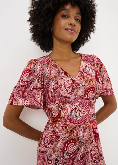 Burgundy Paisley V Neck Midi Dress