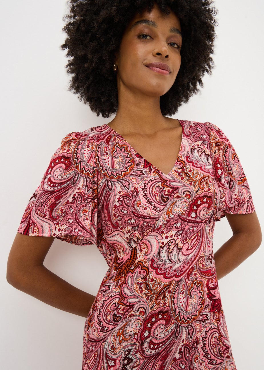 Burgundy Paisley V Neck Midi Dress