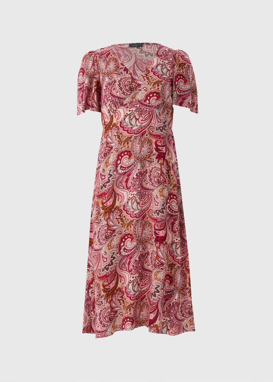 Burgundy Paisley V Neck Midi Dress