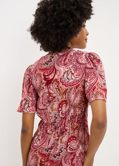 Burgundy Paisley V Neck Midi Dress