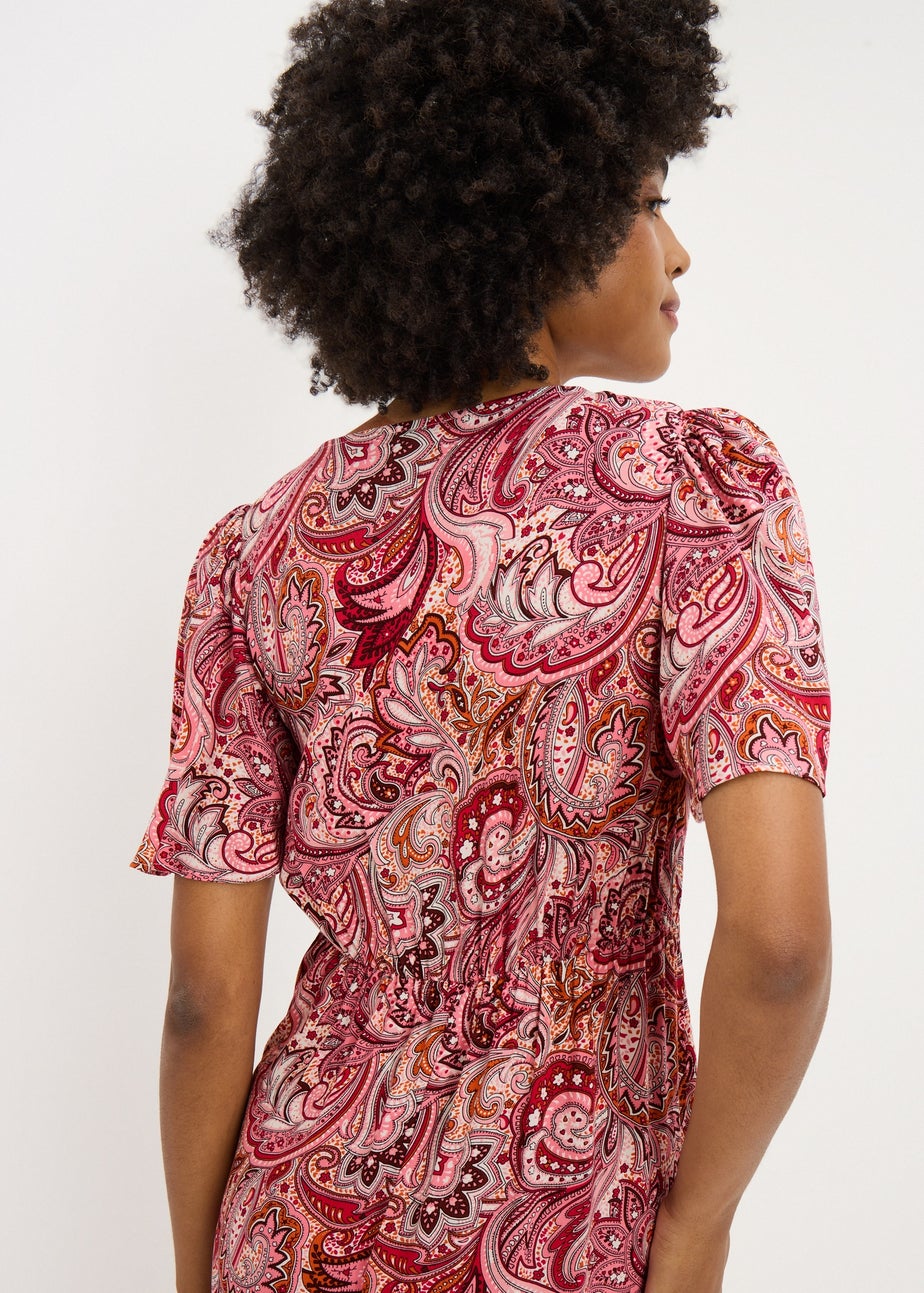 Burgundy Paisley V Neck Midi Dress