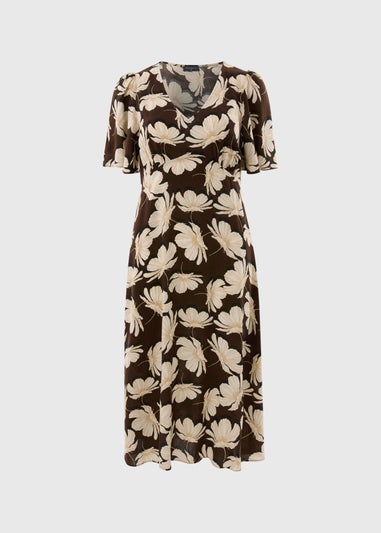 Brown Large Floral V Neck Midi Dress