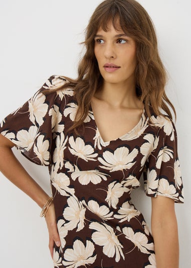 Brown Large Floral V Neck Midi Dress