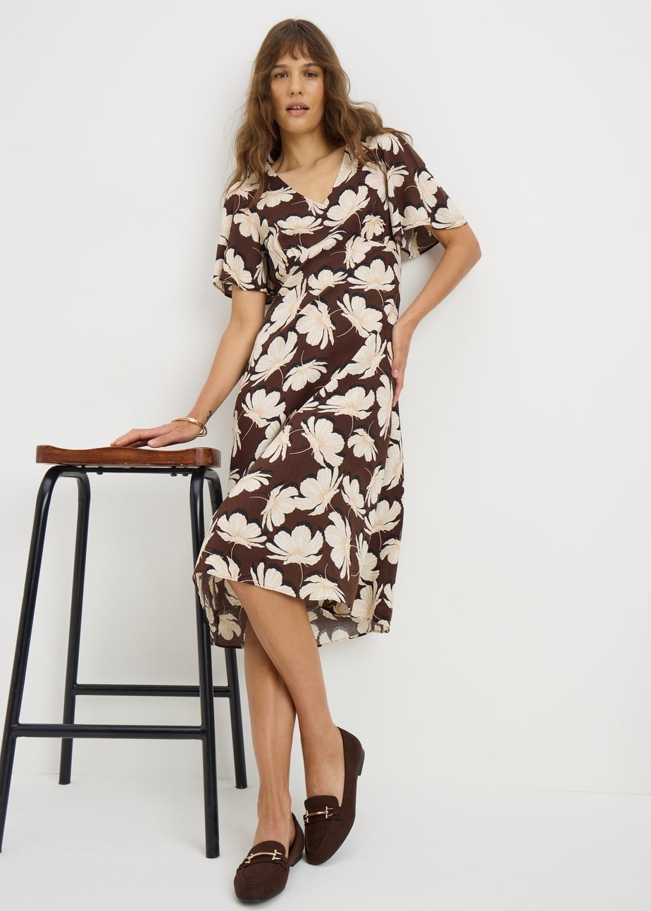 Brown Large Floral V Neck Midi Dress