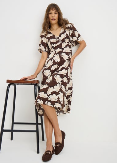 Brown Large Floral V Neck Midi Dress