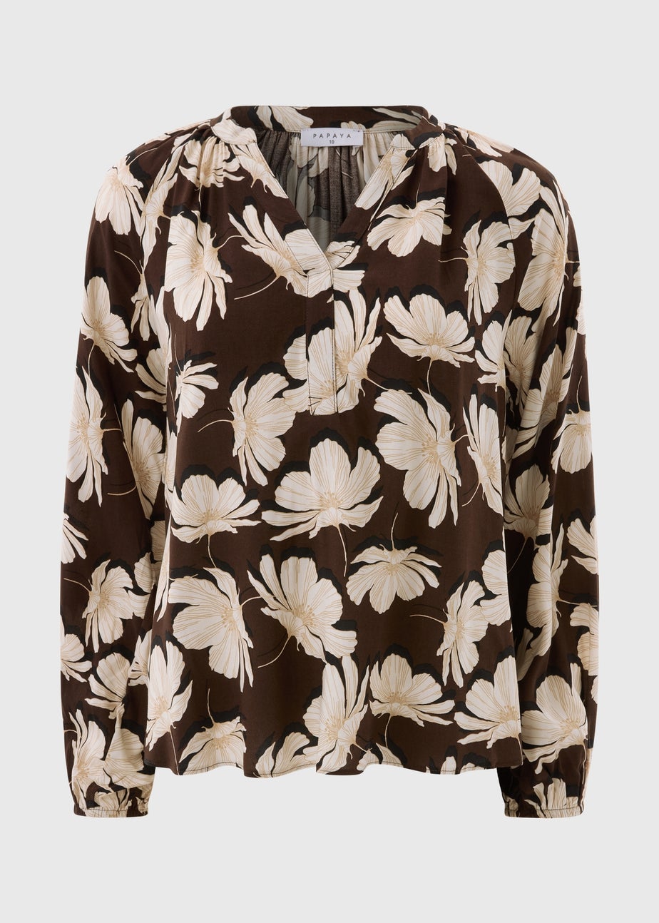 Brown Large Floral V Neck Blouse