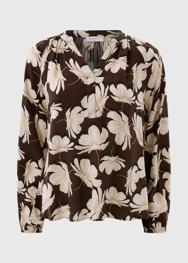 Brown Large Floral V Neck Blouse