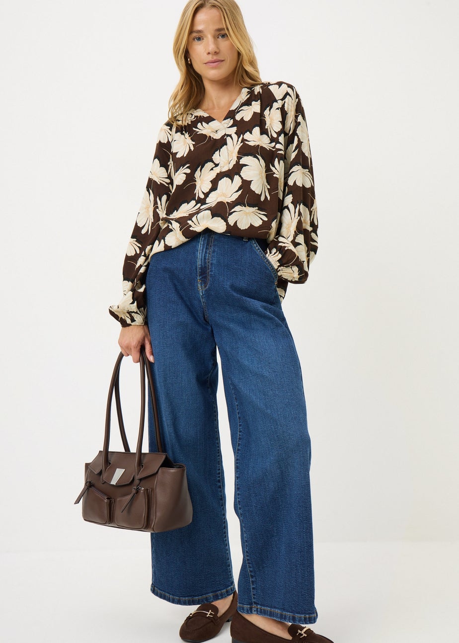 Brown Large Floral V Neck Blouse