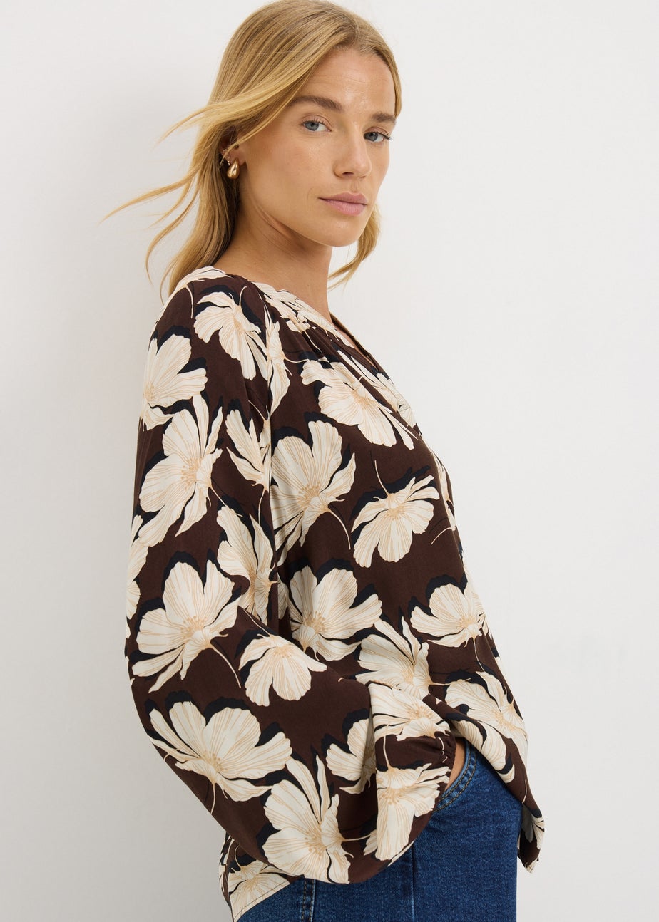Brown Large Floral V Neck Blouse