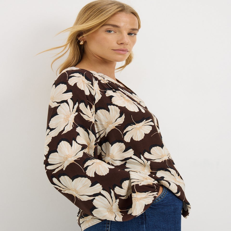 Brown Large Floral V Neck Blouse