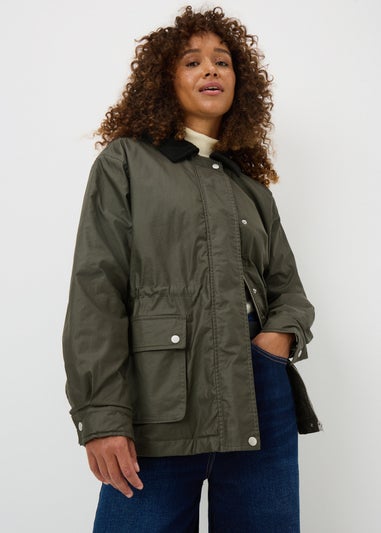 Khaki Quilted Wax Look Showerproof Coat