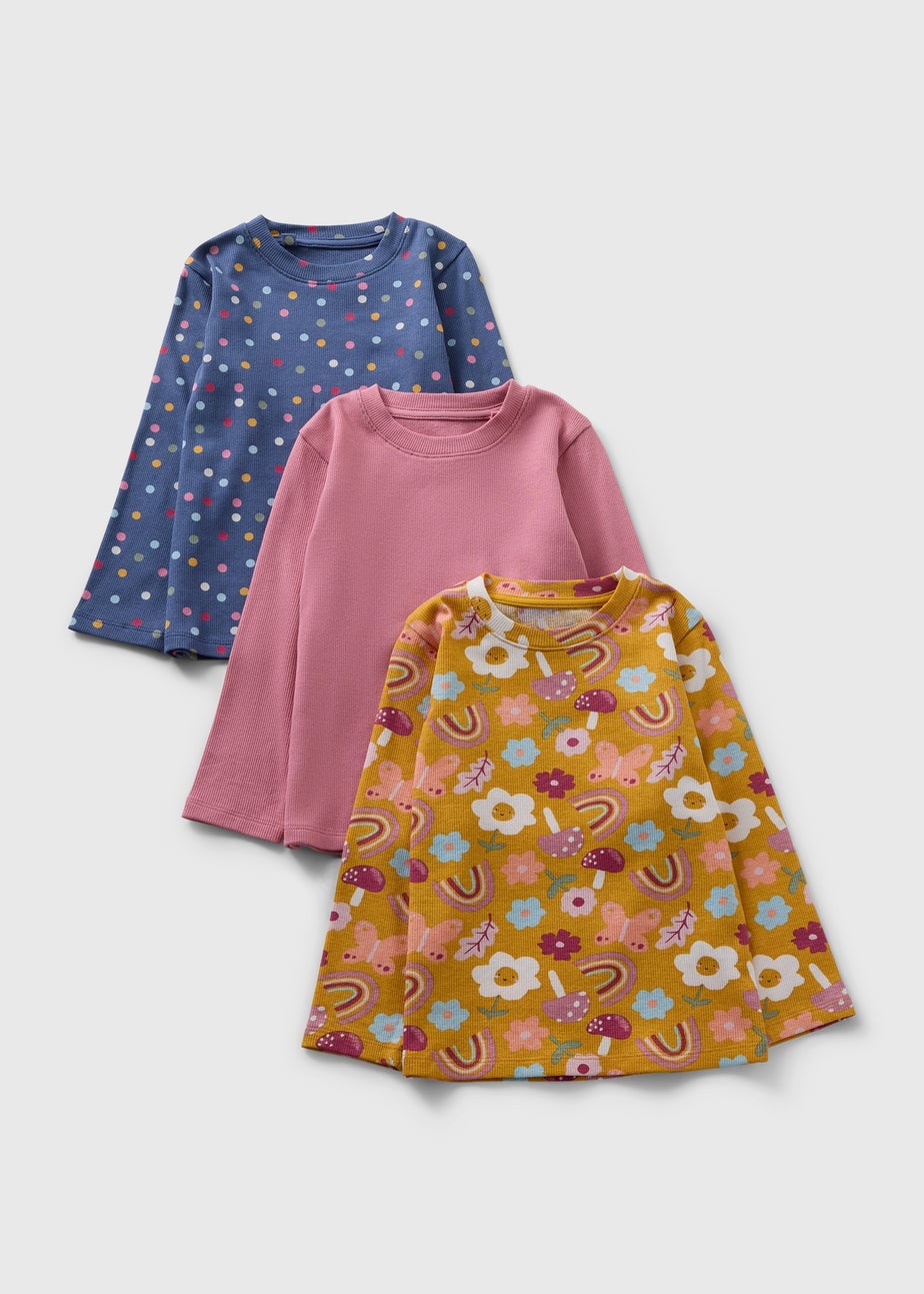 3 Pack Girls Mustard Floral Ribbed Long Sleeve T-Shirts (1-7yrs)