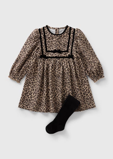 Girls Brown Leopard Print Corduroy Dress & Tights (1-7yrs)
