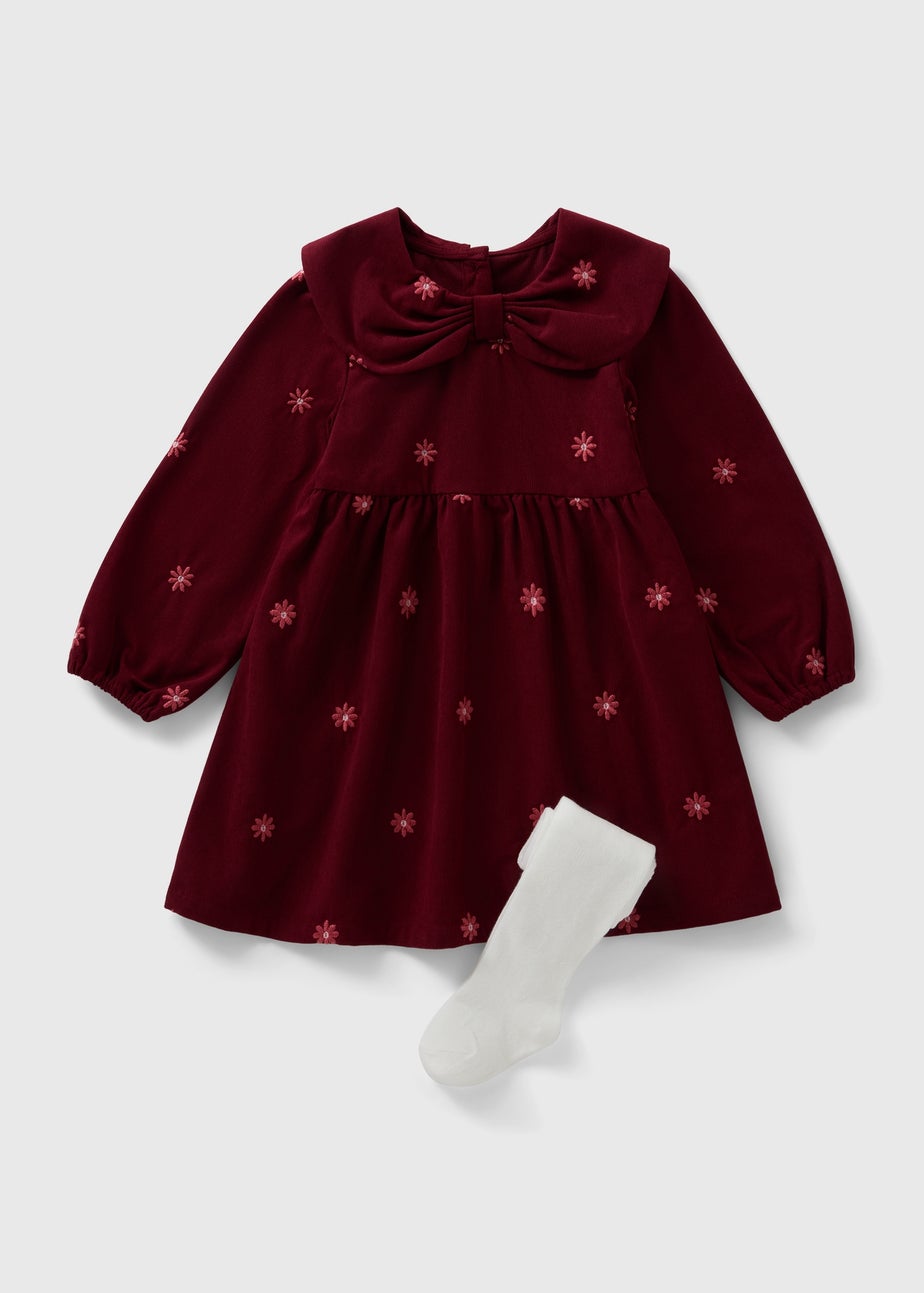 Girls Burgundy Flower Embroidered Cord Dress & Tights Set (1-7yrs)