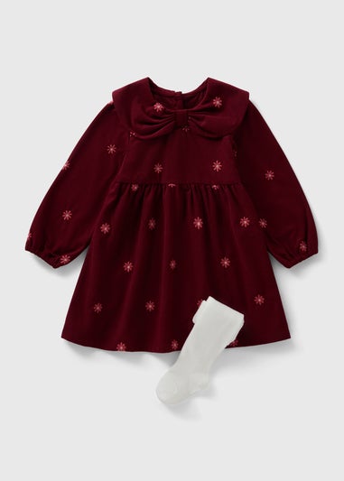 Girls Burgundy Flower Embroidered Cord Dress & Tights Set (1-7yrs)