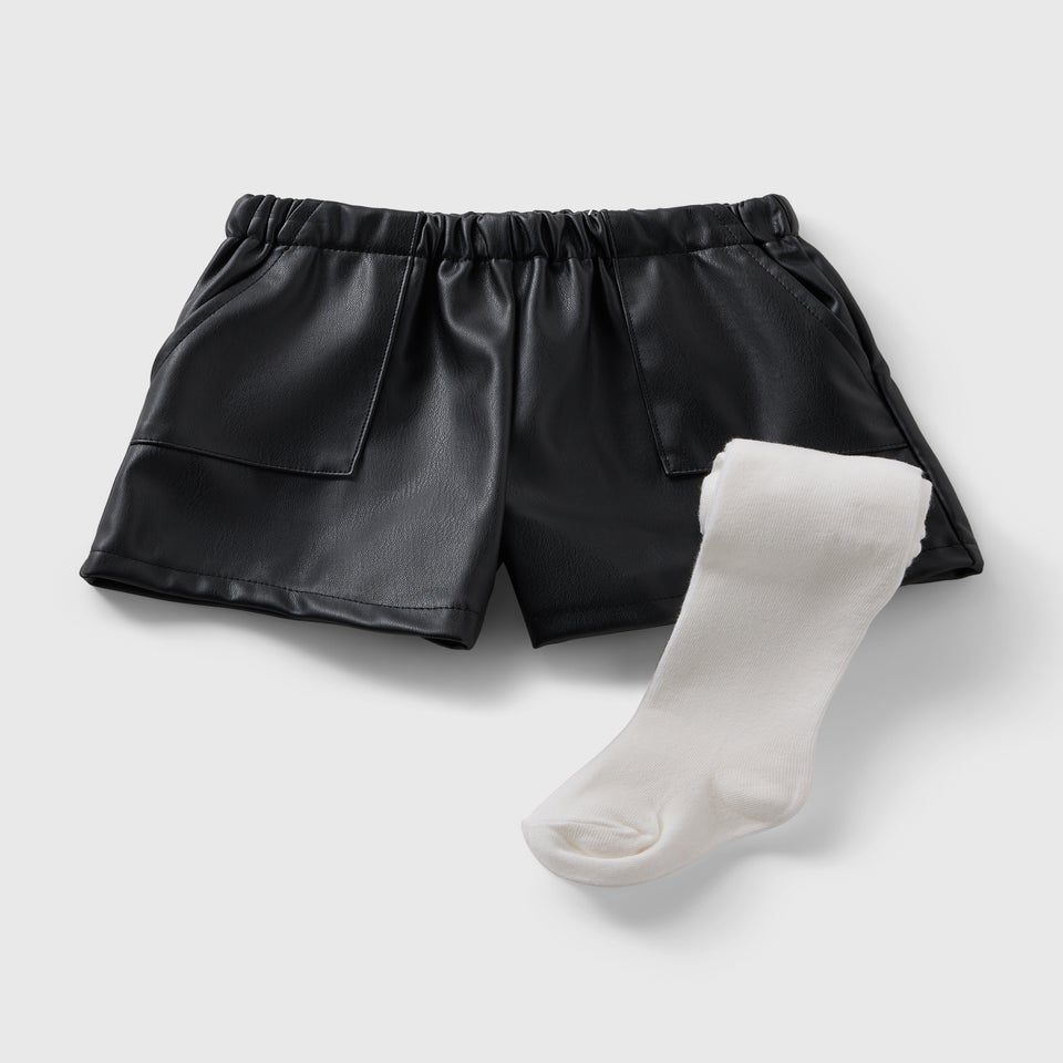 Girls Black Faux Leather Shorts & Tights Set (1-7yrs)