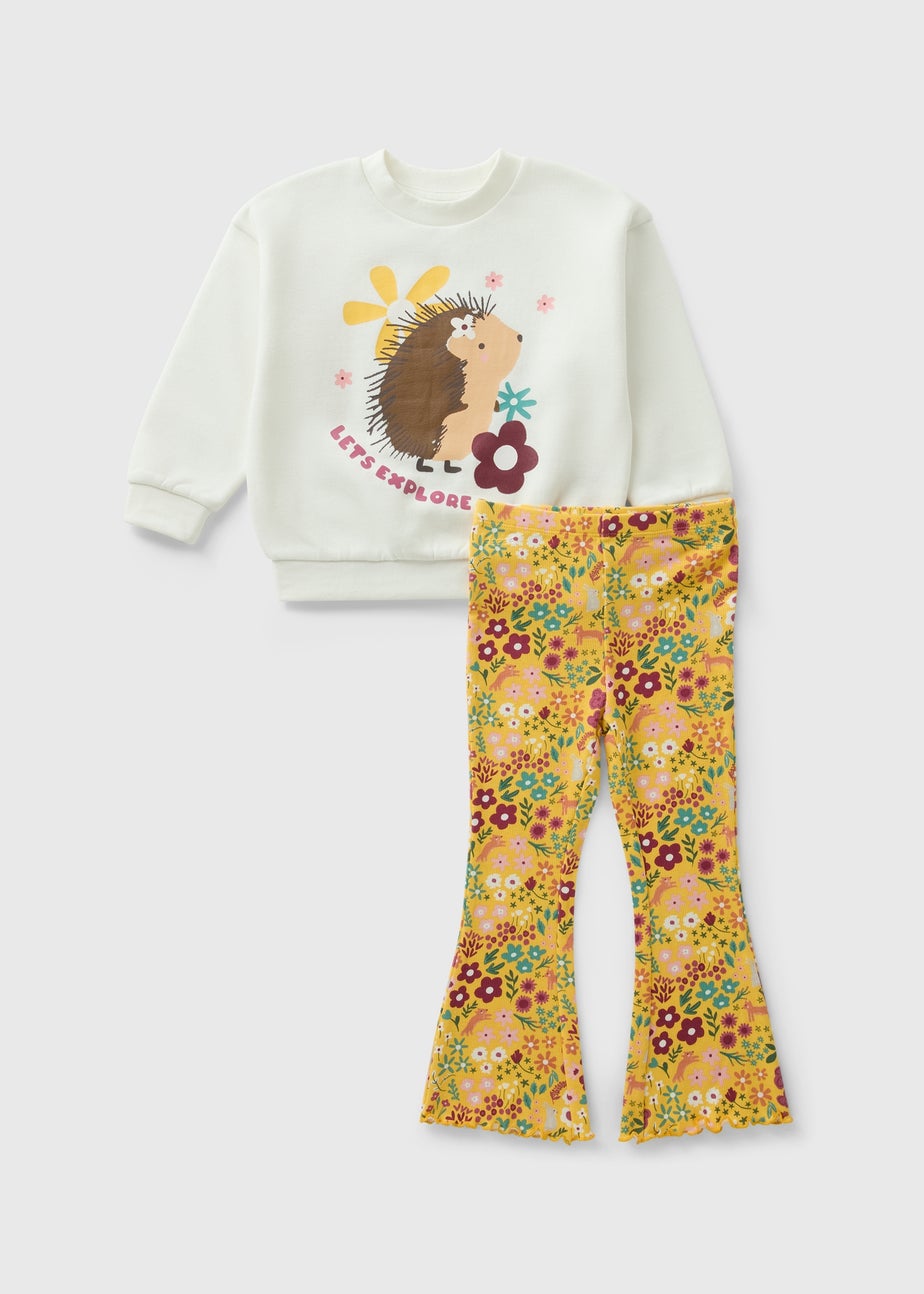 Girls Yellow Hedgehog Print Sweatshirt & Flare Trousers Set (1-7yrs)