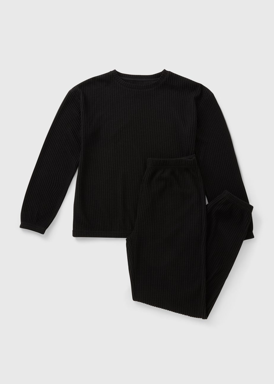 Black Waffle Cuffed Pyjama Set