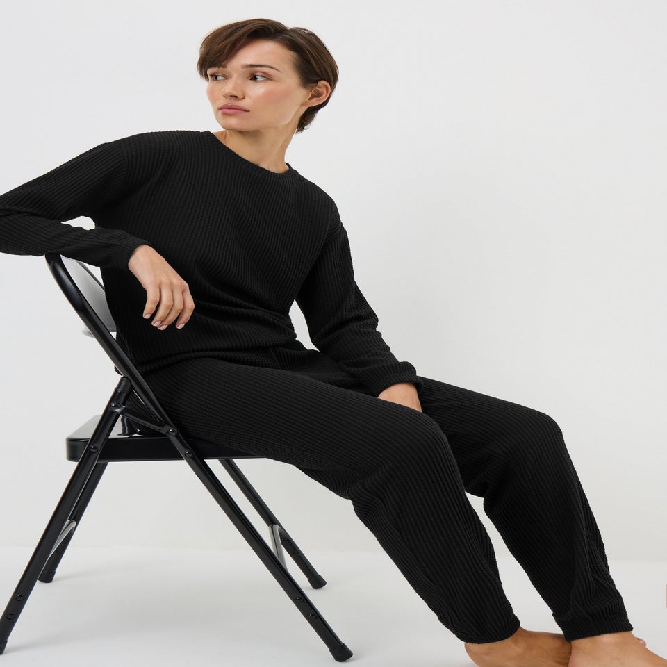 Black Waffle Cuffed Pyjama Set