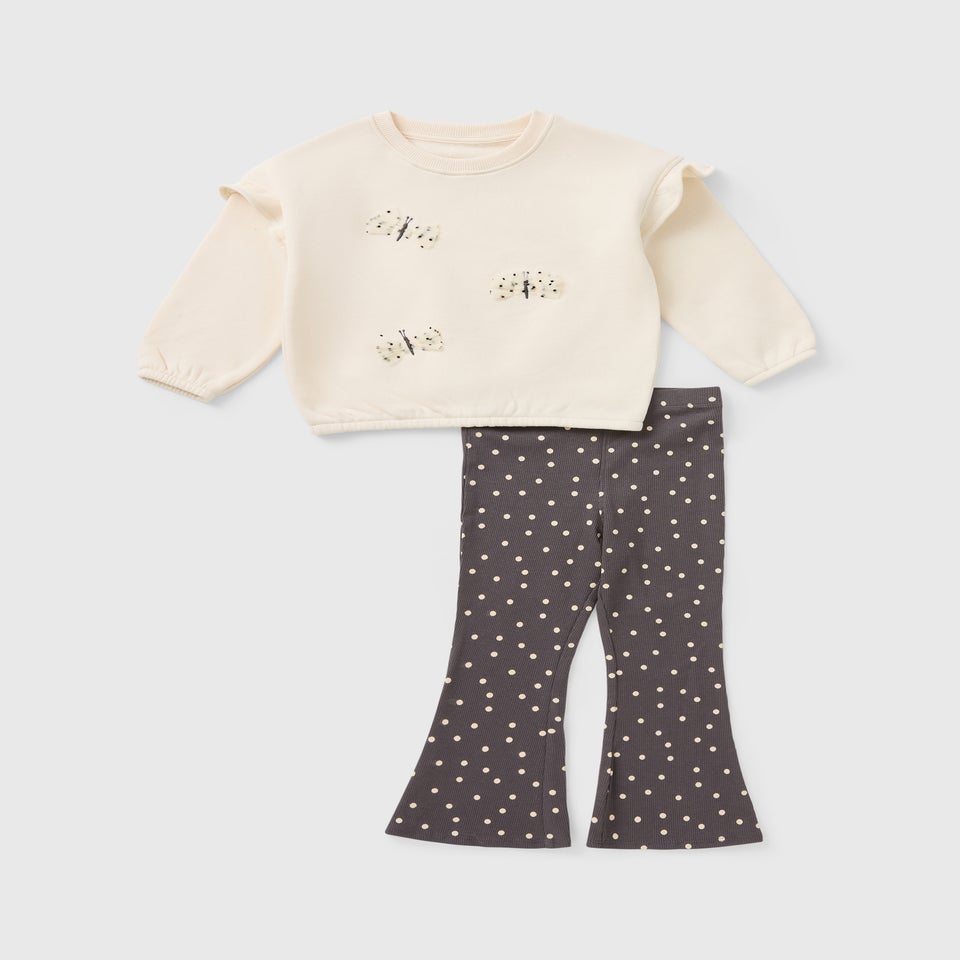 Girls Cream Butterfly Spot Sweatshirt & Flare Set (1-7yrs)
