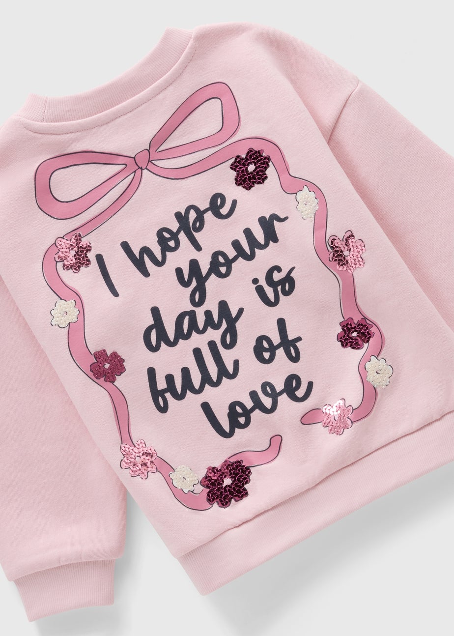 Girls Pink Bow Floral Sweatshirt & Flare Set (1-7yrs)