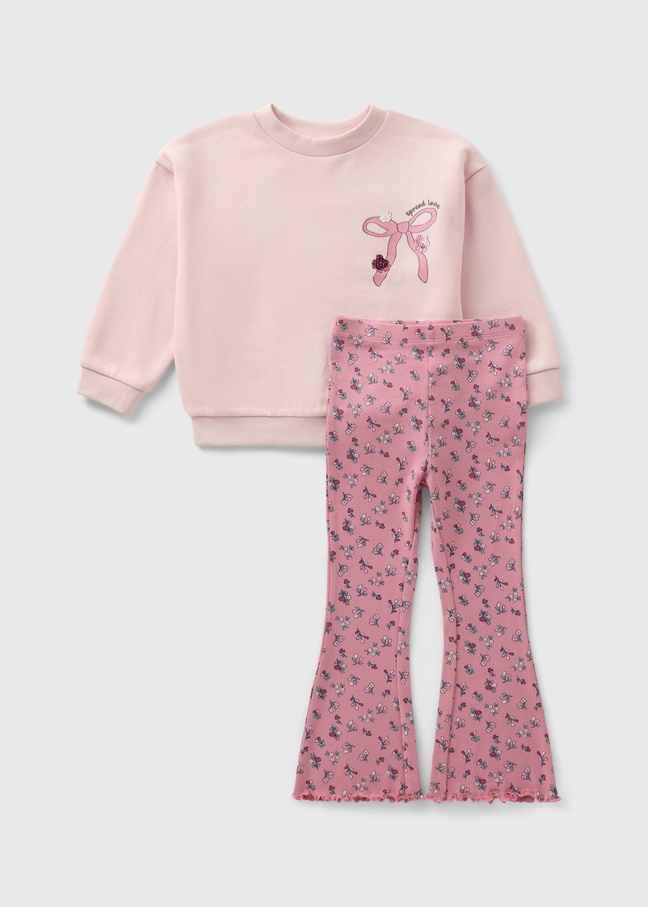 Girls Pink Bow Floral Sweatshirt & Flare Set (1-7yrs)