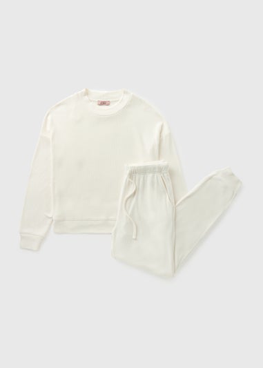 Cream Ribbed Sweatshirt Cuffed Pyjama Set