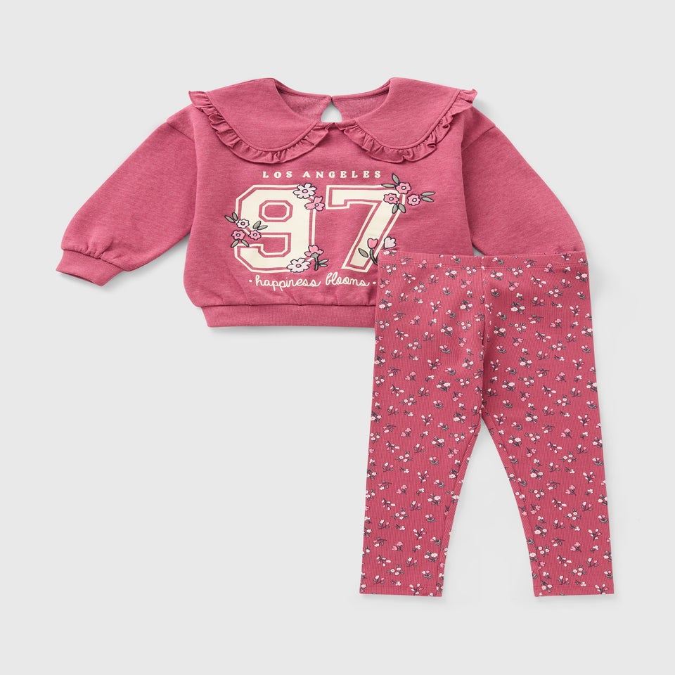 Girls Dark Pink LA Collar Top & Legging Set (1-7yrs)
